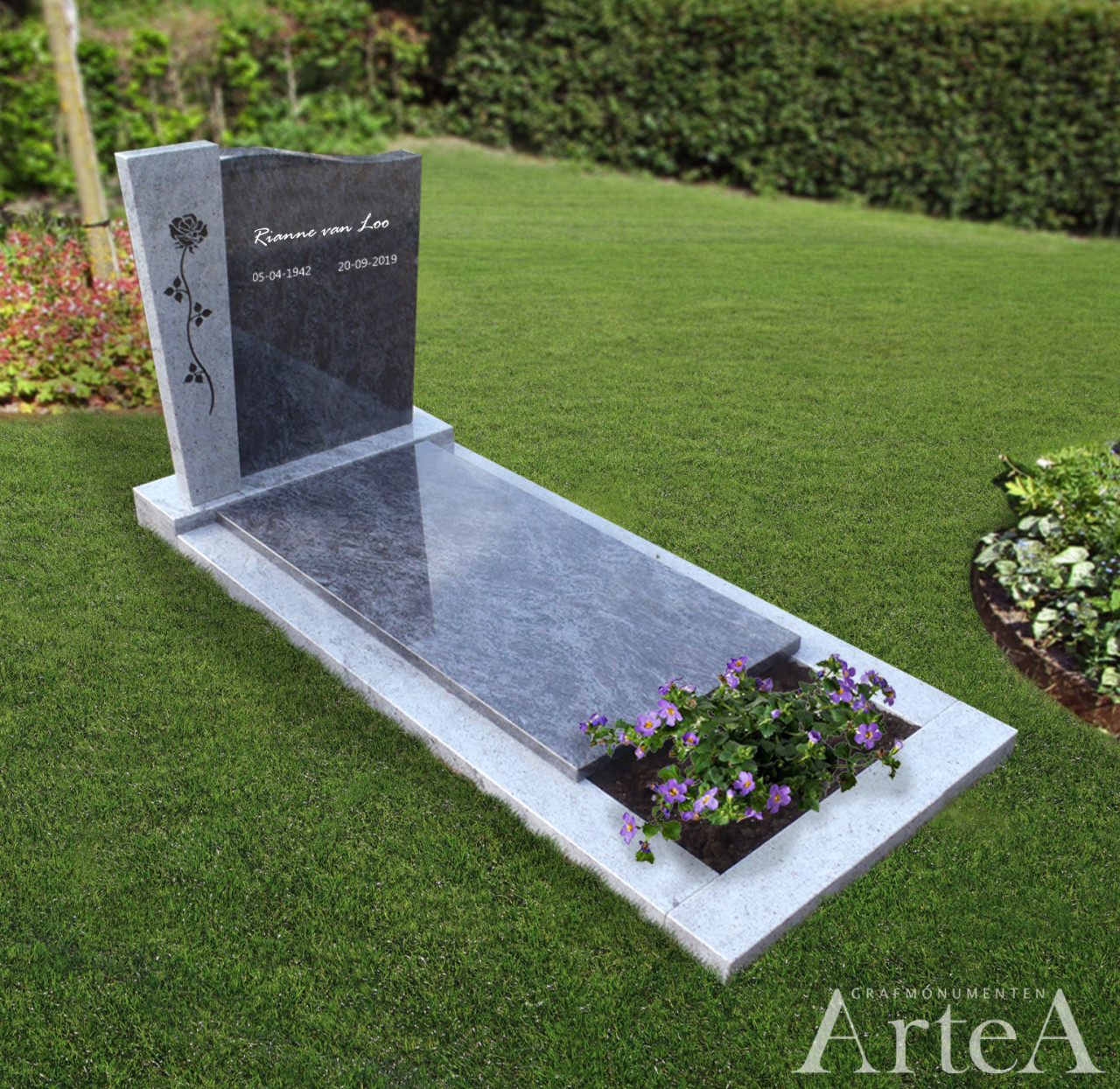 grafsteen basis met roos grafmonument blauw grijs graniet goedkoop