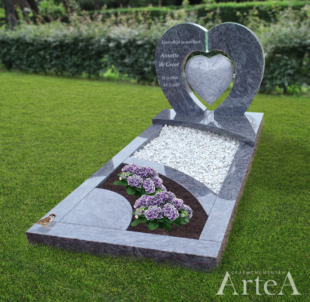 Moderne grafsteen met hart en glas