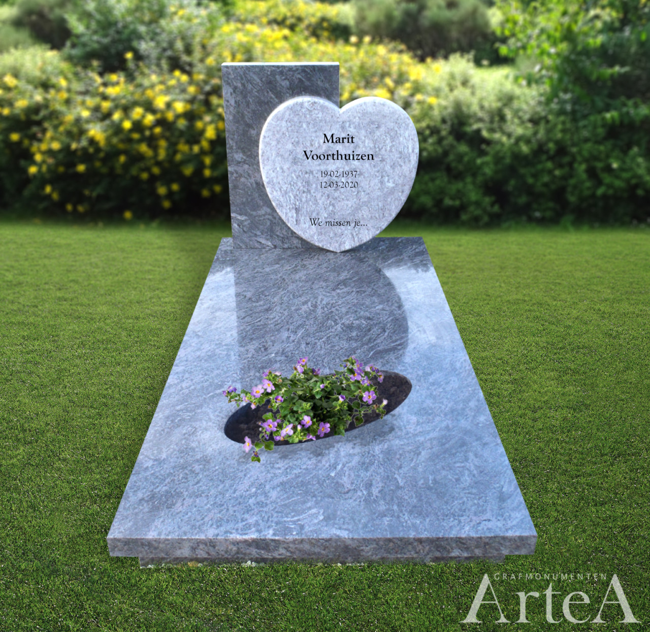 Grafmonument hart graniet grafsteen met tuin blauw grijs