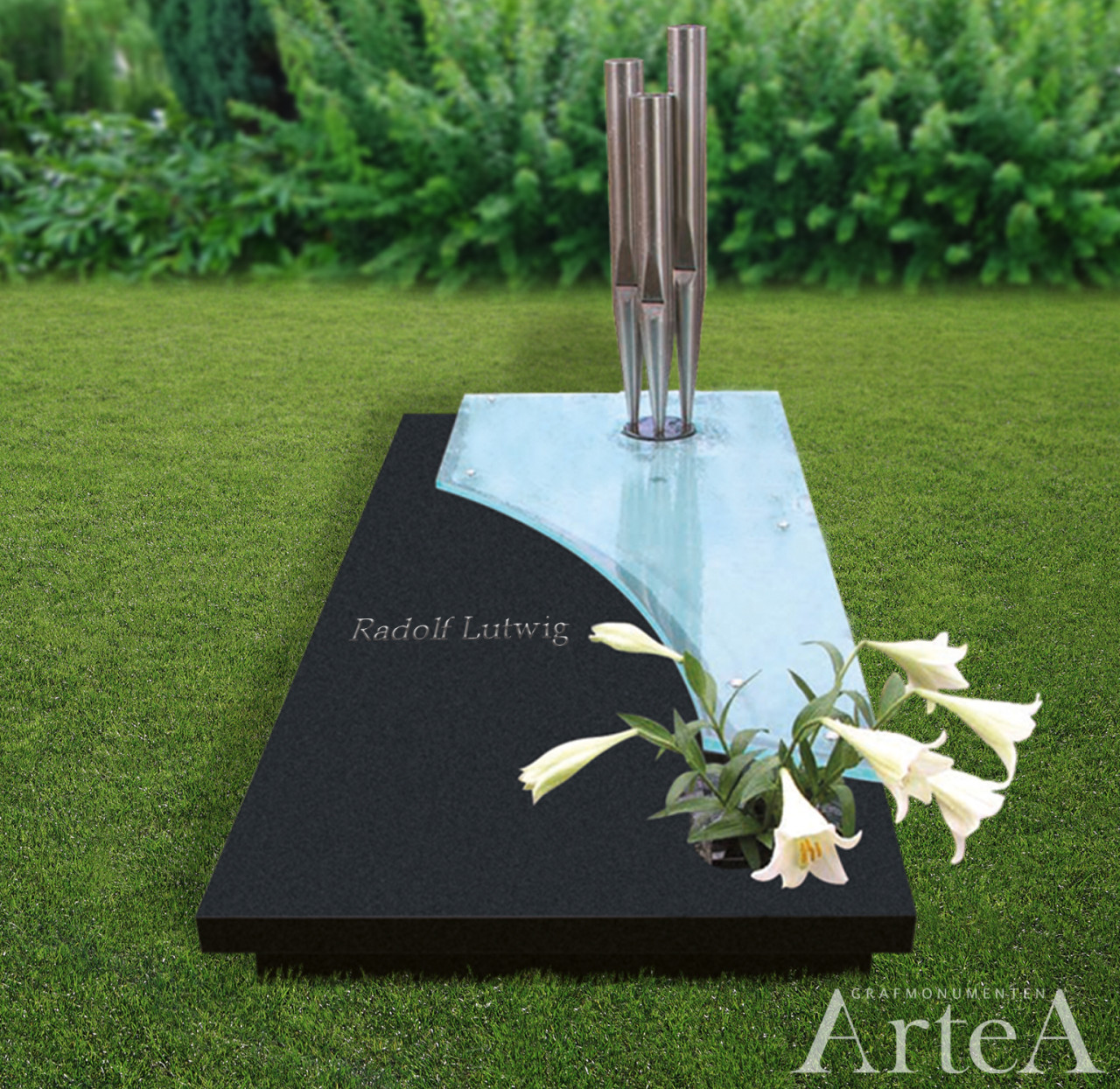 Grafmonument liggend met glasplaat en rvs orgelpijpen