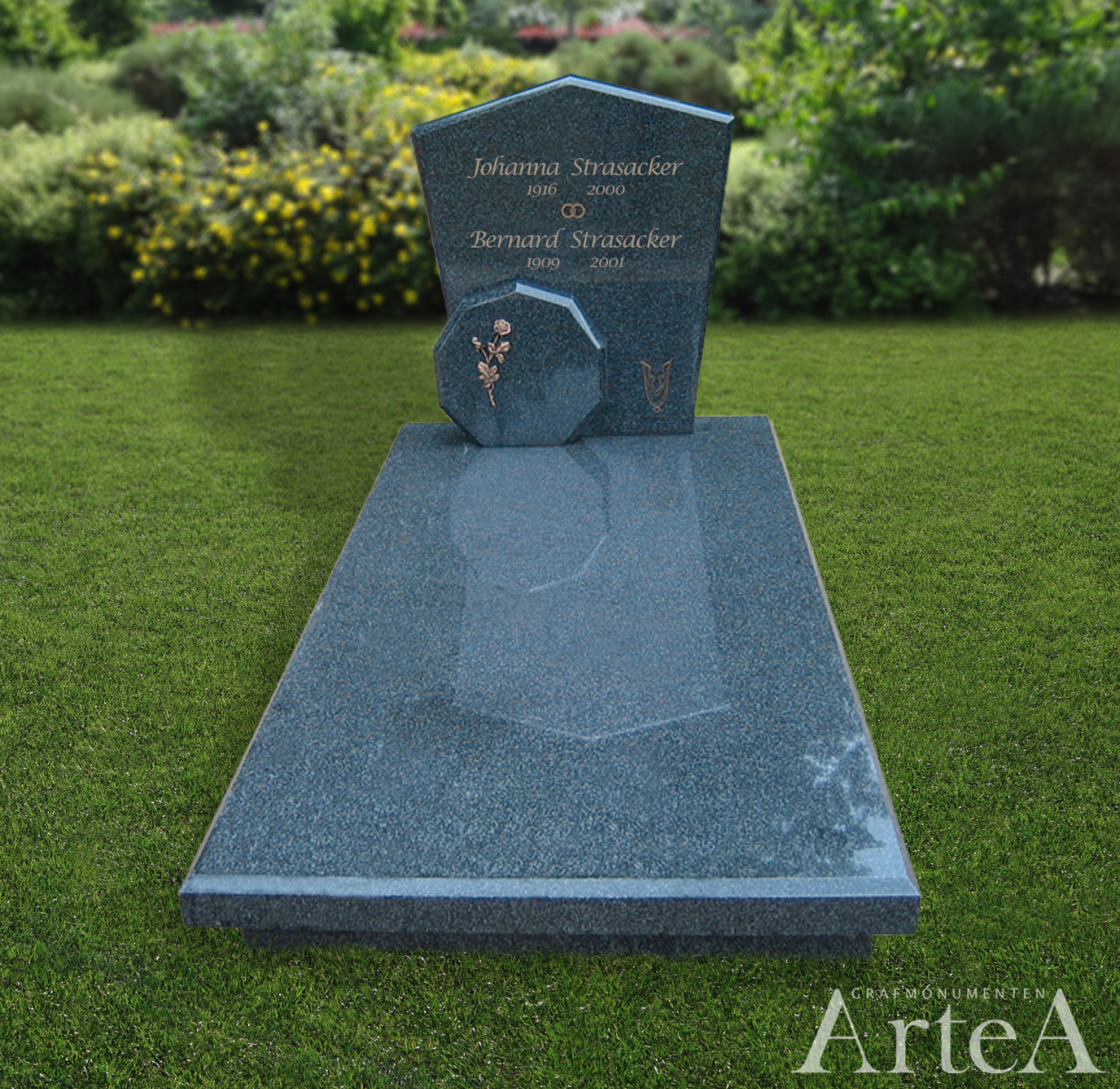 Grafmonument met bronzen roos grafsteen blauw grijs basis en goedkoop MBS 39