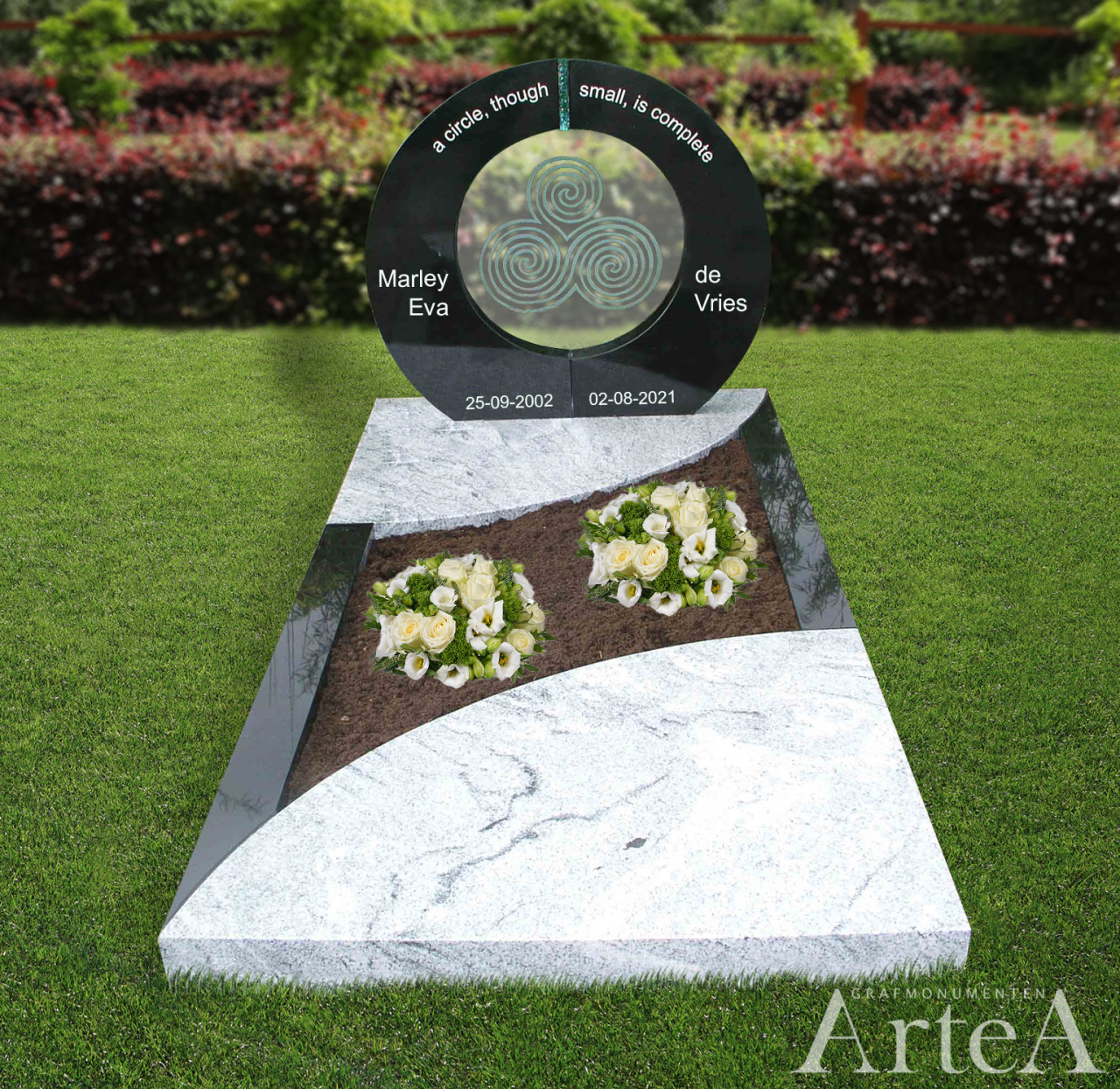 Grafmonument met glasplaat een boog en zwart wit graniet