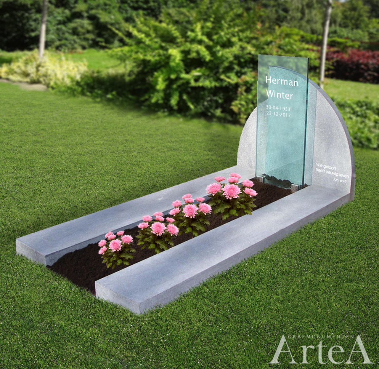Grafmonument met glasplaat en tuin met gebrand graniet MG 16