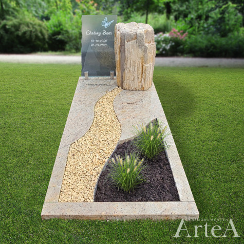 Grafsteen met versteend hout en glas