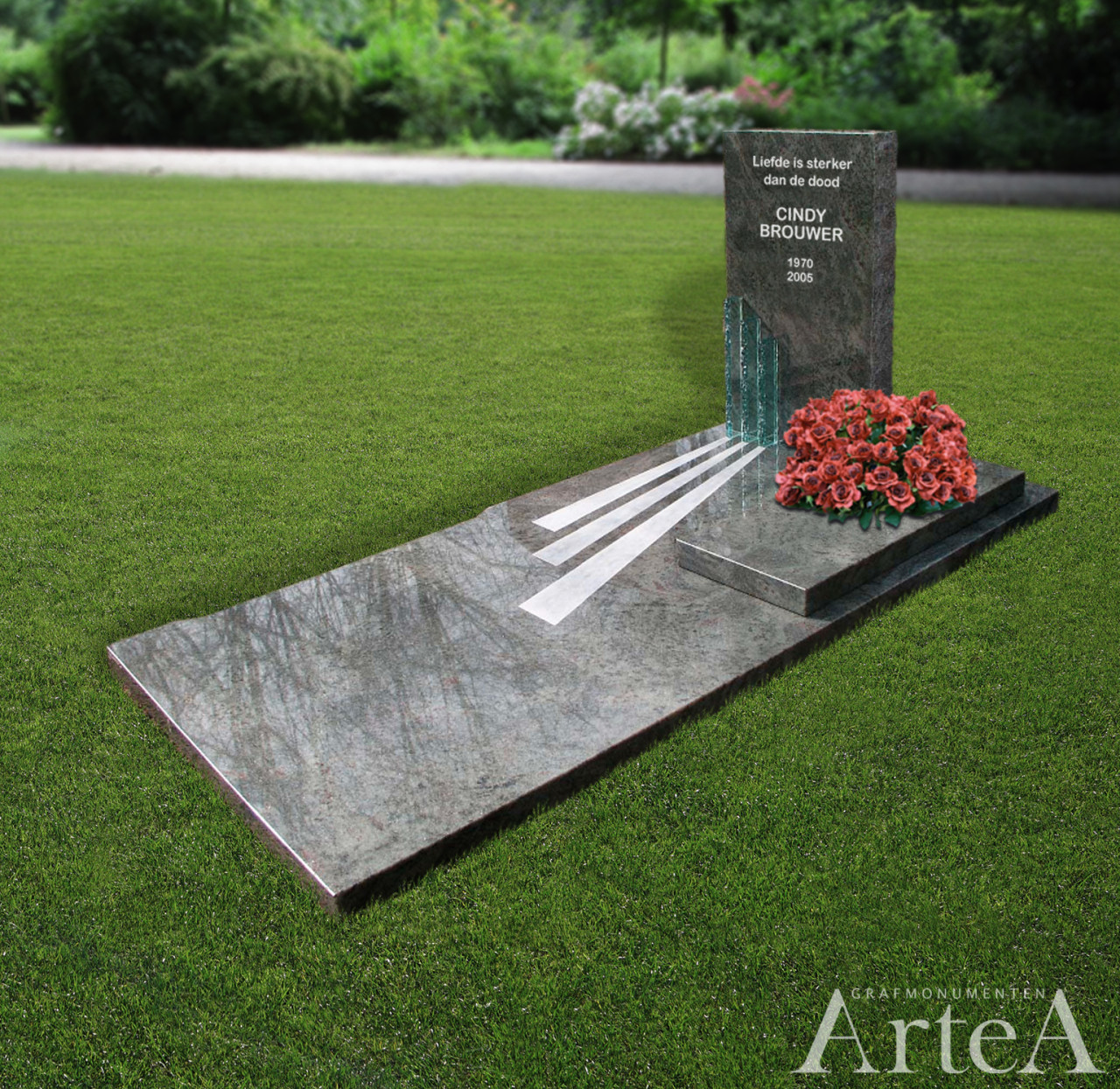 Dubbel grafmonument met hart en boog en kruis