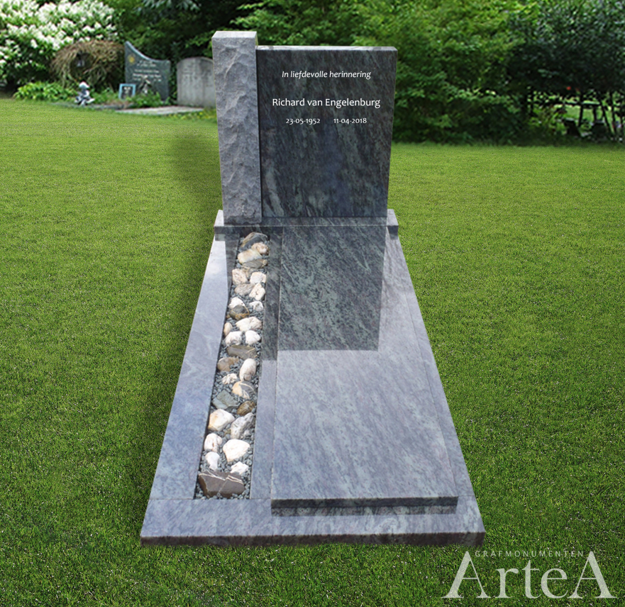 Grafmonument met graniet en ruwe zuil met strook en keien