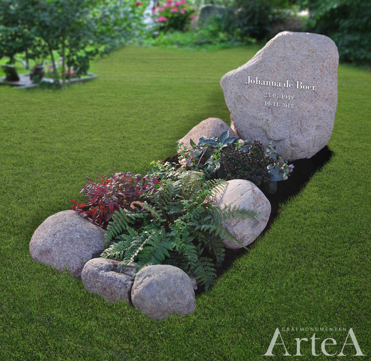 Grafmonument met kei en planten grafsteen