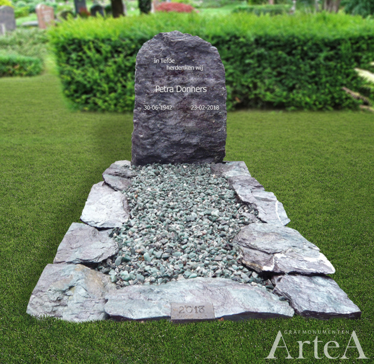 Grafmonument met kei en rots grafsteen ruw