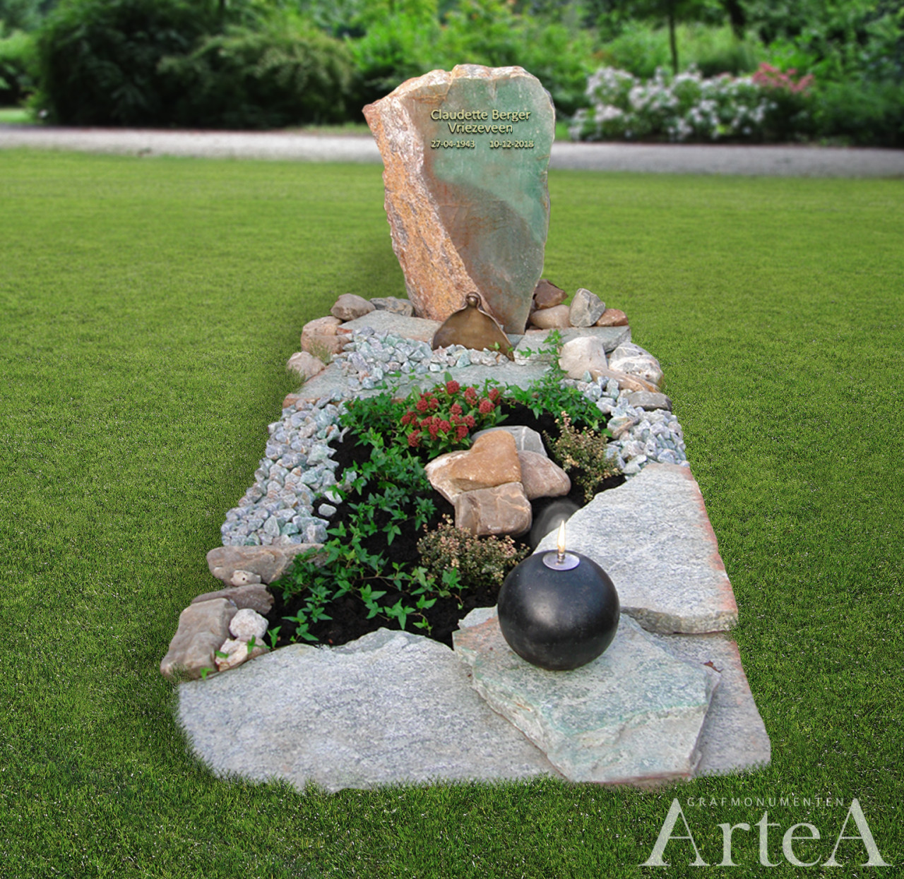 Grafmonument met kei grafsteen met grind