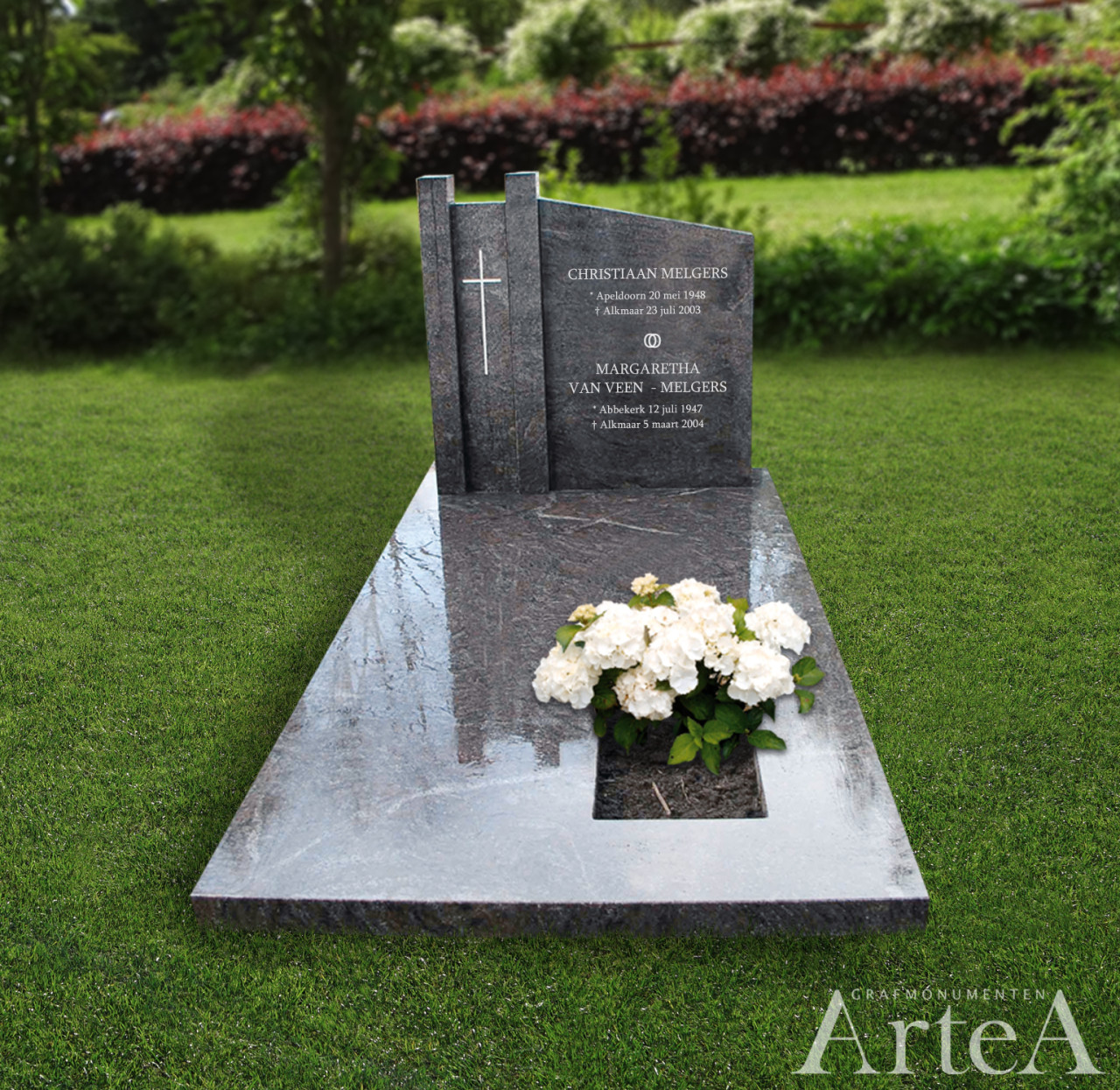 grafmonument met kruis grafsteen met planten en tuin graniet