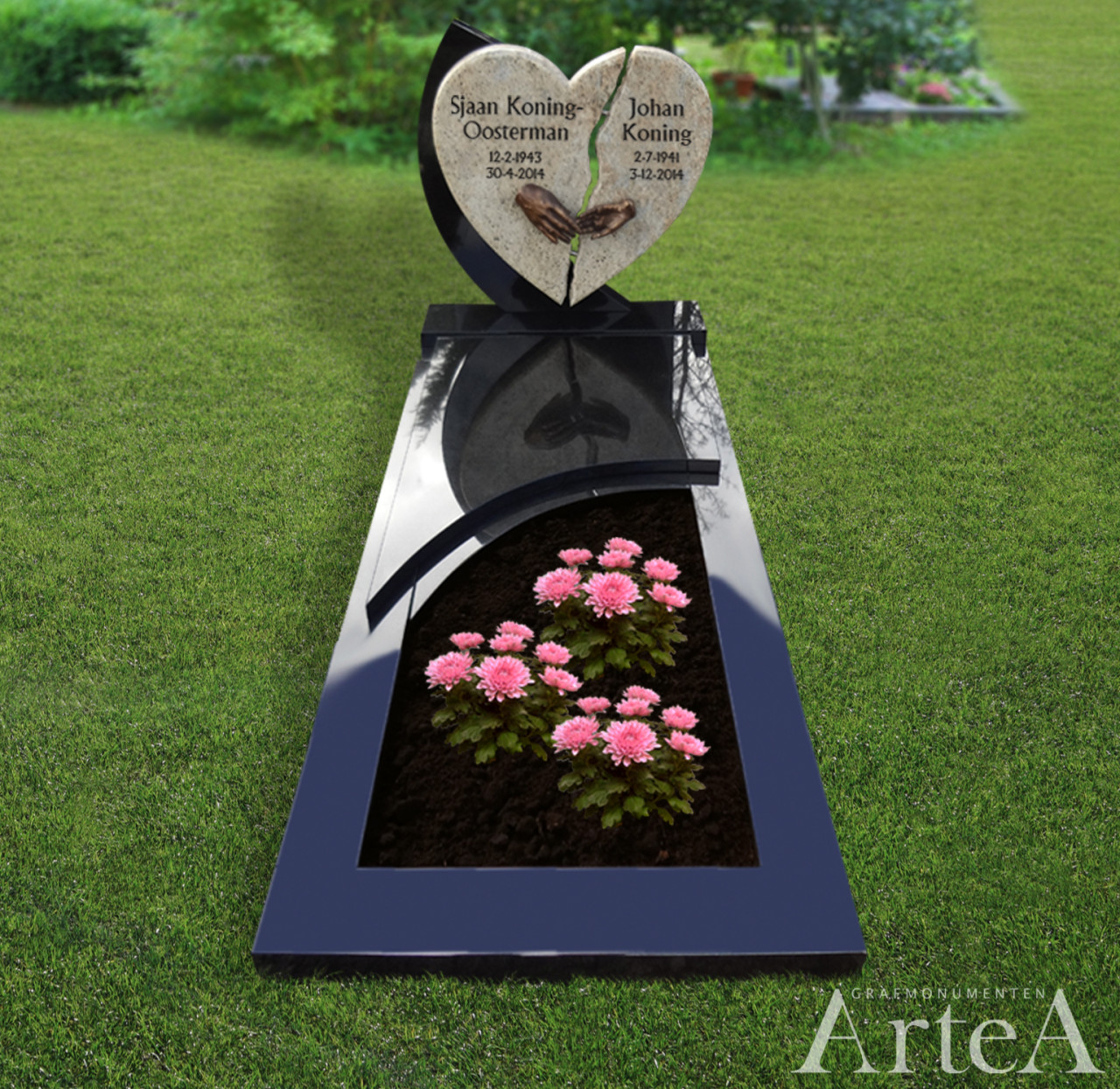 Grafmonument met hart en bronzen handen grafsteen zwart graniet met tuin en bloemen