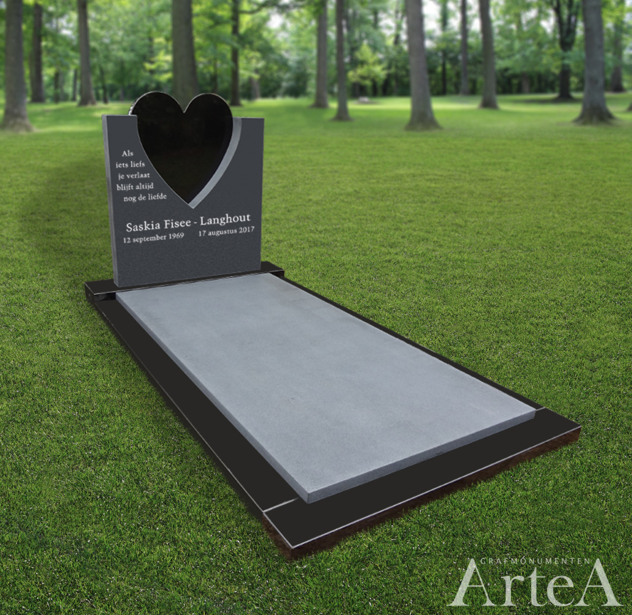 Grafmonument met hart en gezoet zwart graniet grafsteen liefde