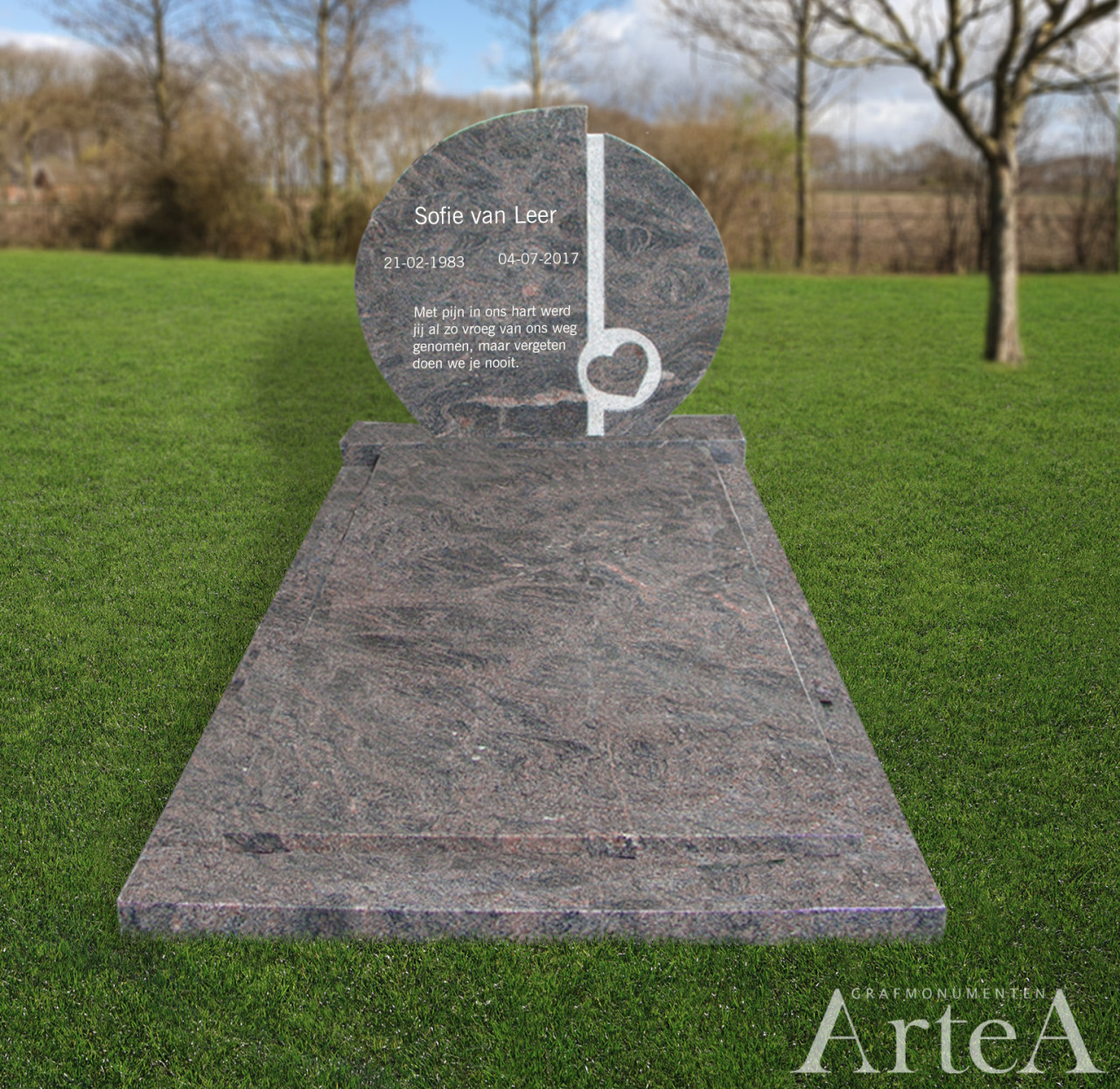 Grafmonument met hart en grafsteen traditioneel met graniet en rode kleur
