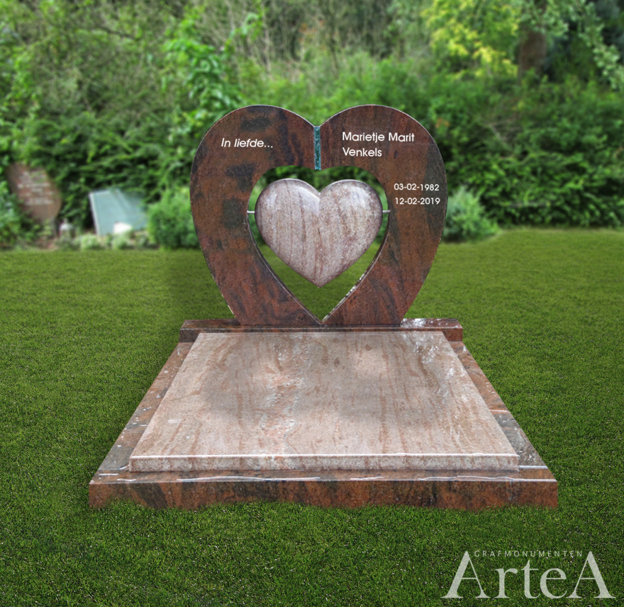Grafmonument met hart grafsteen graniet met glas
