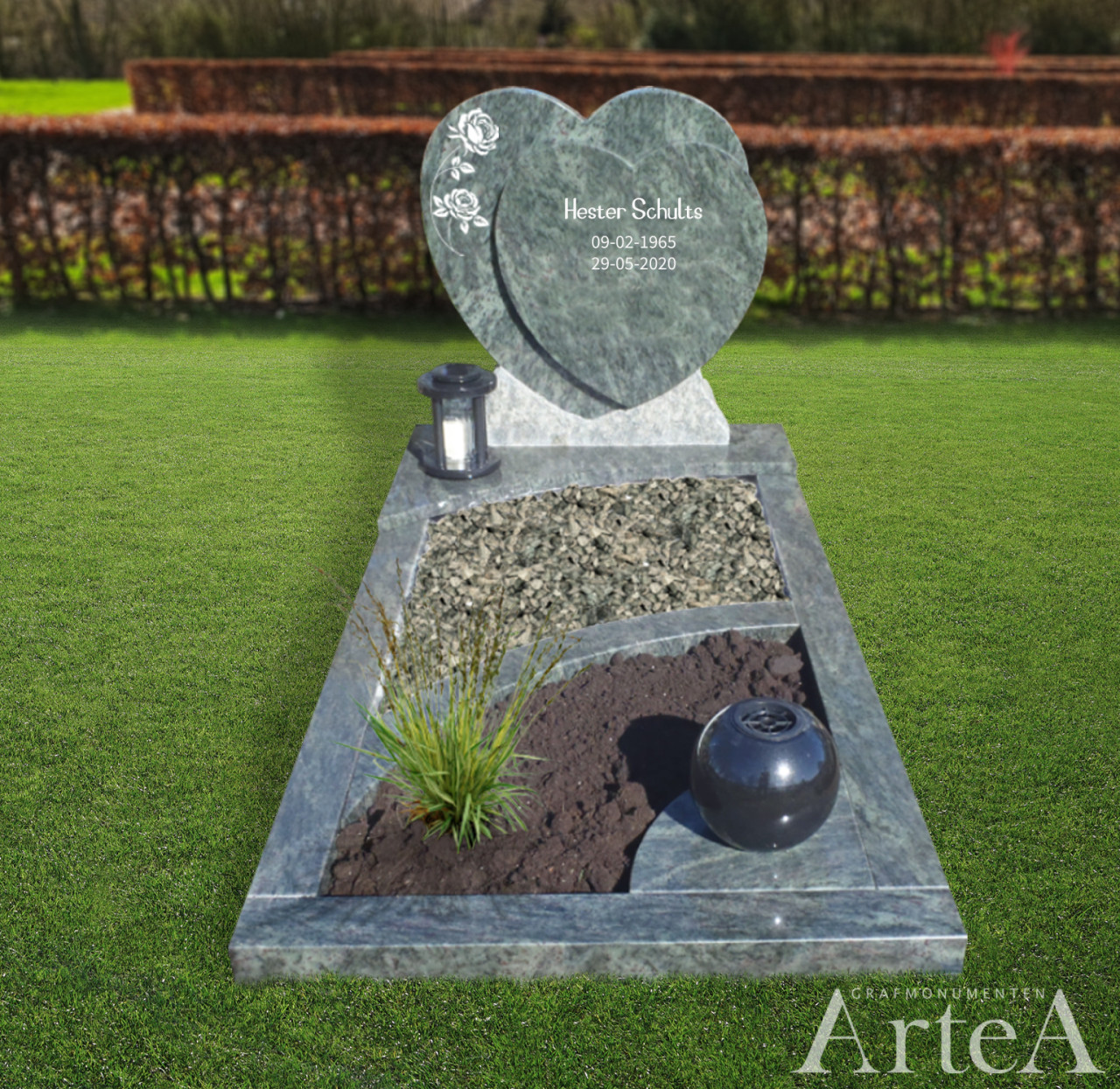 Grafmonument met hart grafsteen van graniet met tuin en plant