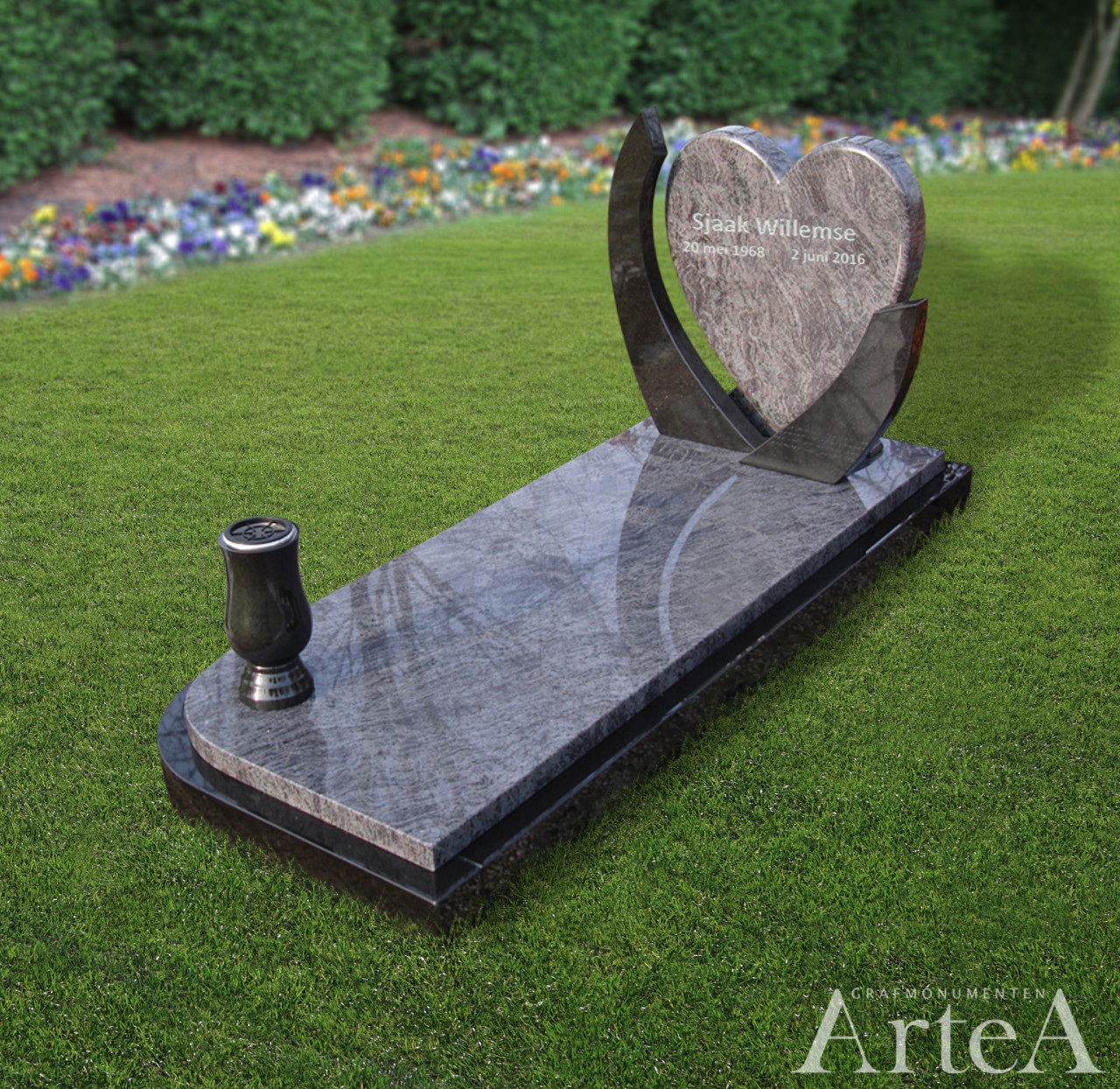 Grafmonument met hart grafsteen zwart en grijs bruin graniet