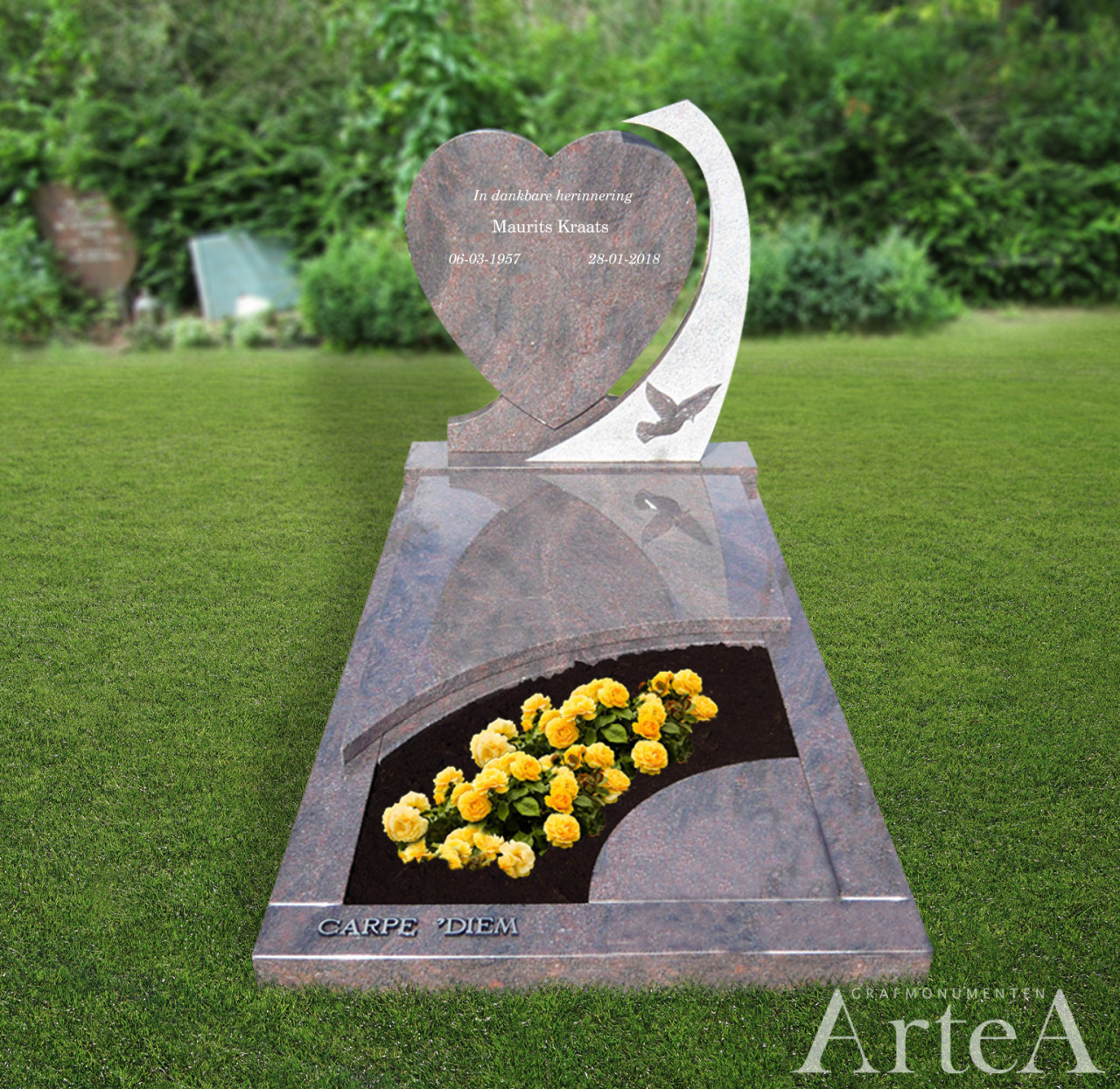 Grafmonument met hart graniet grafsteen met duif en bloemen met tuin