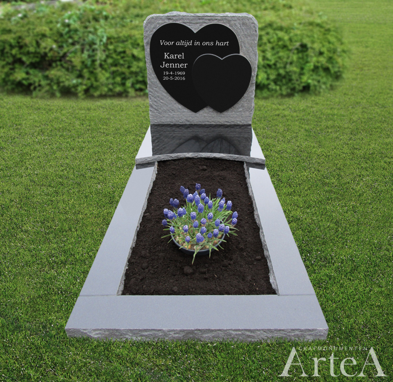 Grafmonument met harten traditioneel graniet grafsteen met zwart met tuin en bloemen