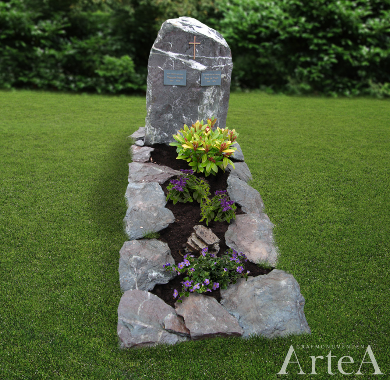 Grafmonument met staande kei rotsen en tuin