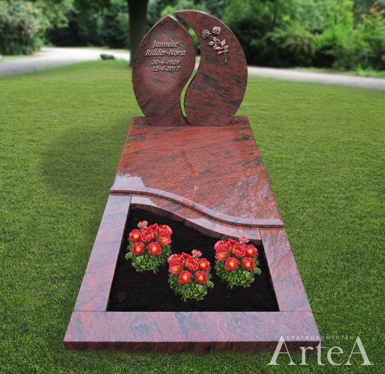 Traditionele grafsteen met rood graniet