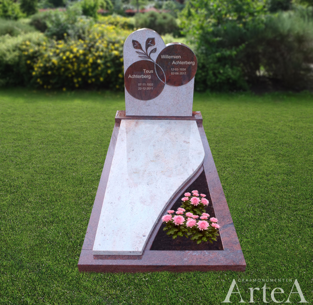 grafmonument rood tuin en bloemen grafsteen