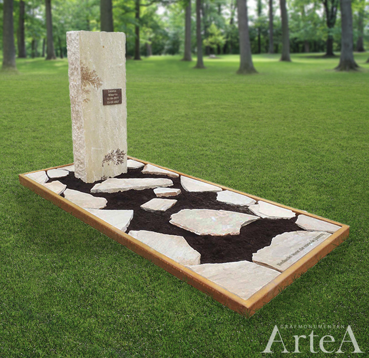 Grafmonument met roestrand Corte staal grafsteen met ruw gekapte delen en tuin