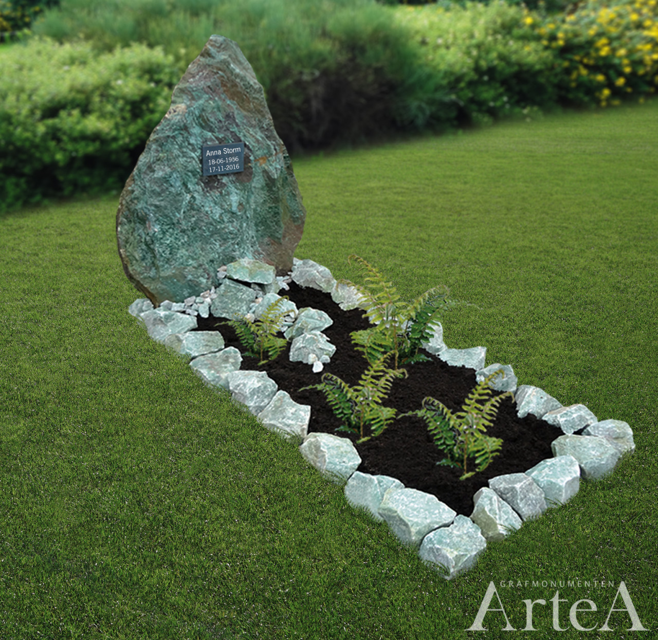 Grafmonument met ruw gekapte stenen en grote kei