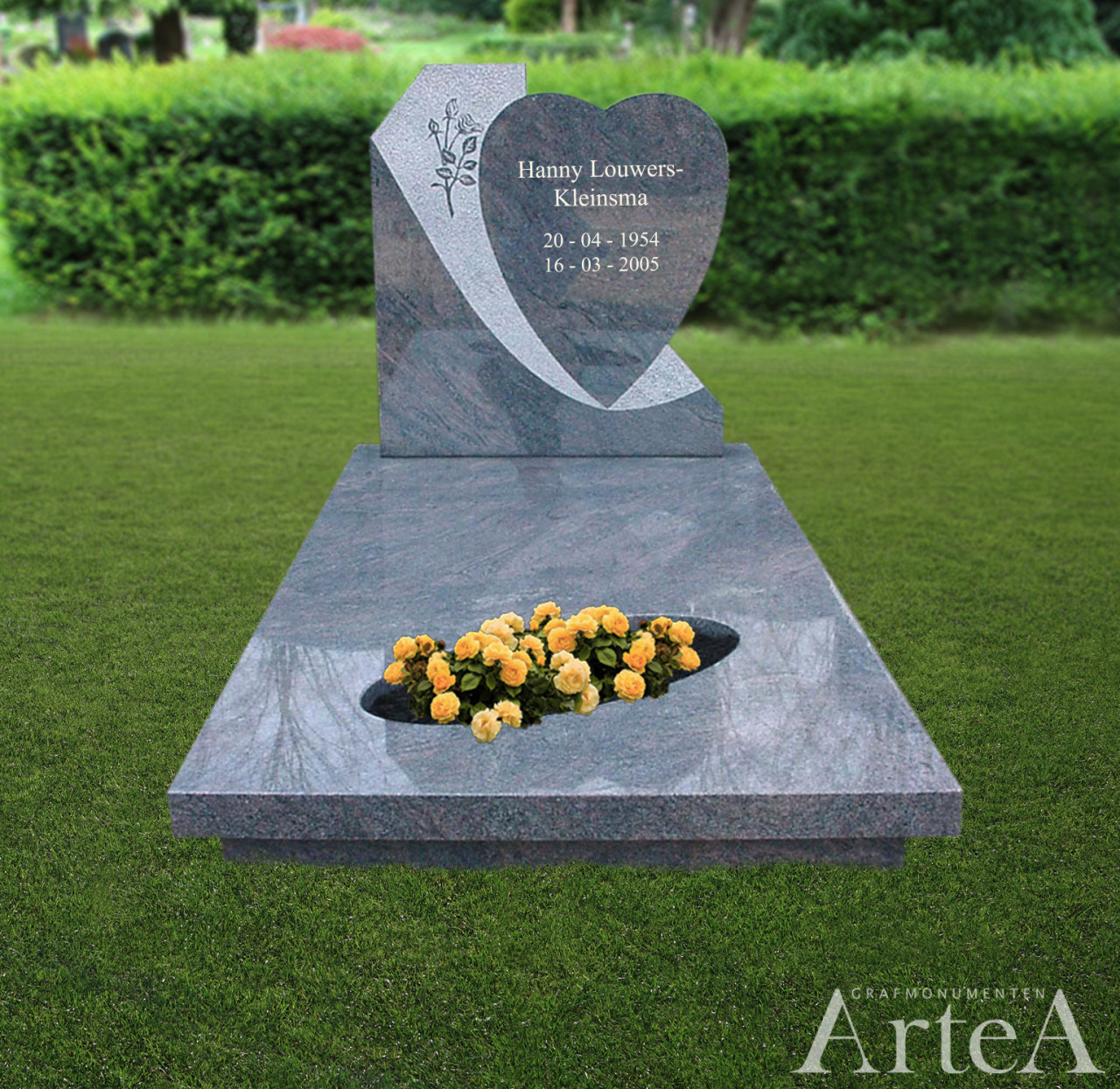 Grafmonument met tuin en hart vorm traditioneel grafsteen van graniet