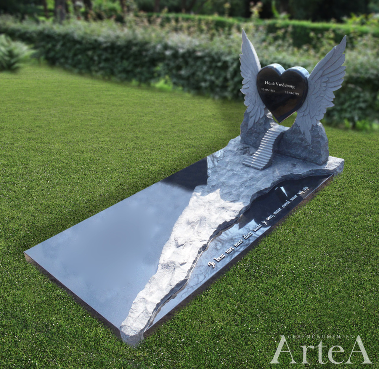 Moderne grafsteen met hart en ruw graniet