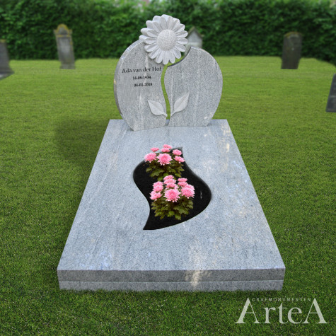 Grafmonument met zonnebloem grafsteen graniet met plant