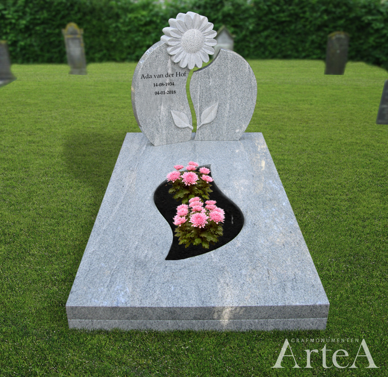 Grafmonument met zonnebloem grafsteen graniet met plant