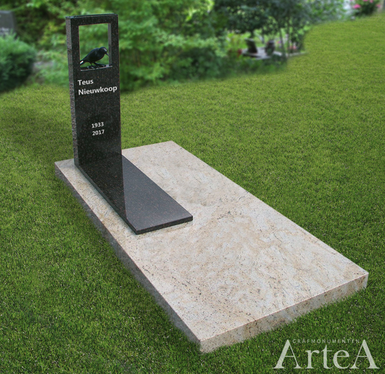 Grafmonument met zuil en vogel zwart graniet
