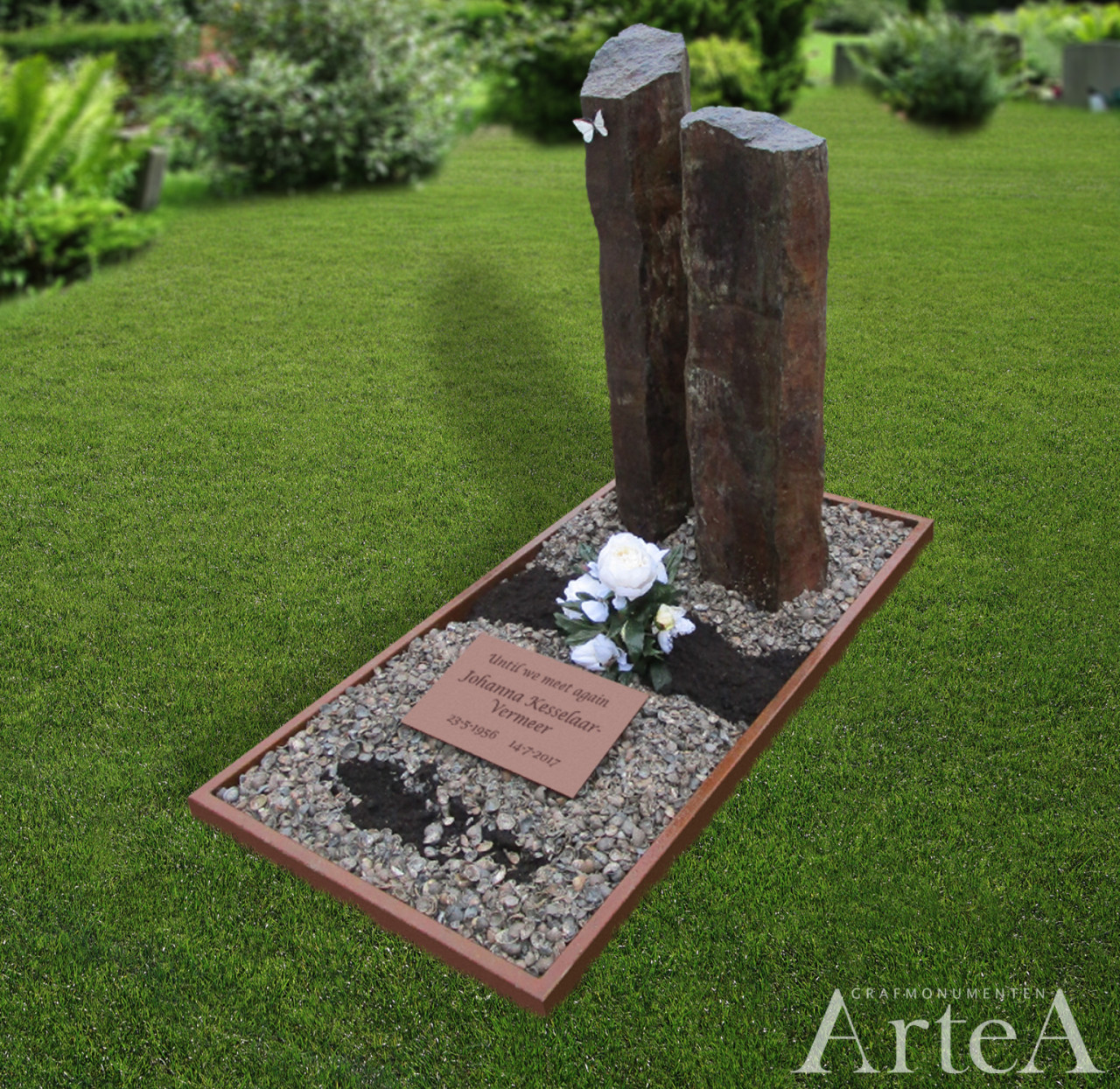 Grafmonument met zuilen en cortestaal