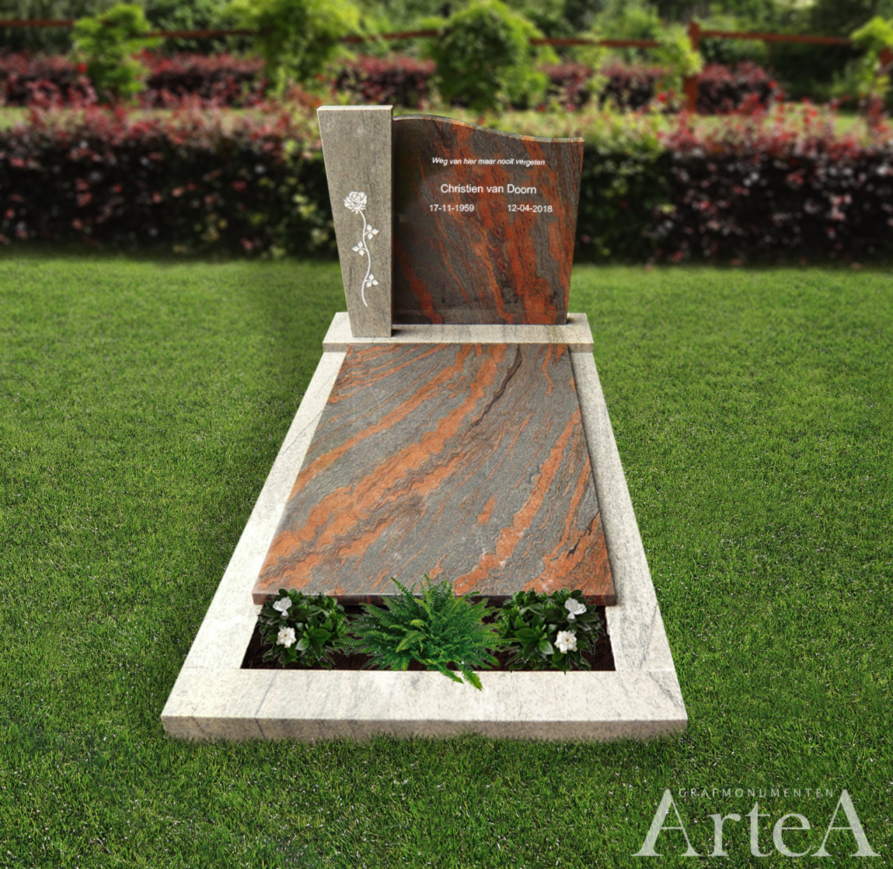 Grafmonument met bloem tekst grafsteen rood met tuin en planten