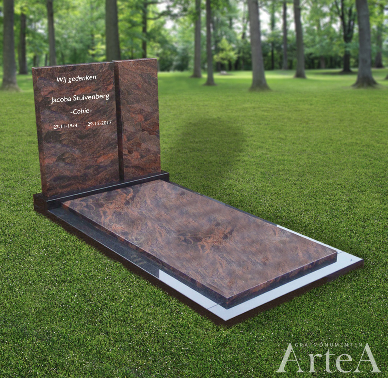 Grafmonument rood met zwart grafsteen graniet 2 zuilen