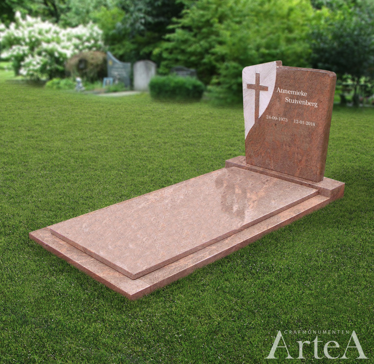 Grafmonument rood met kruis grasteen rood graniet tekst goedkoop