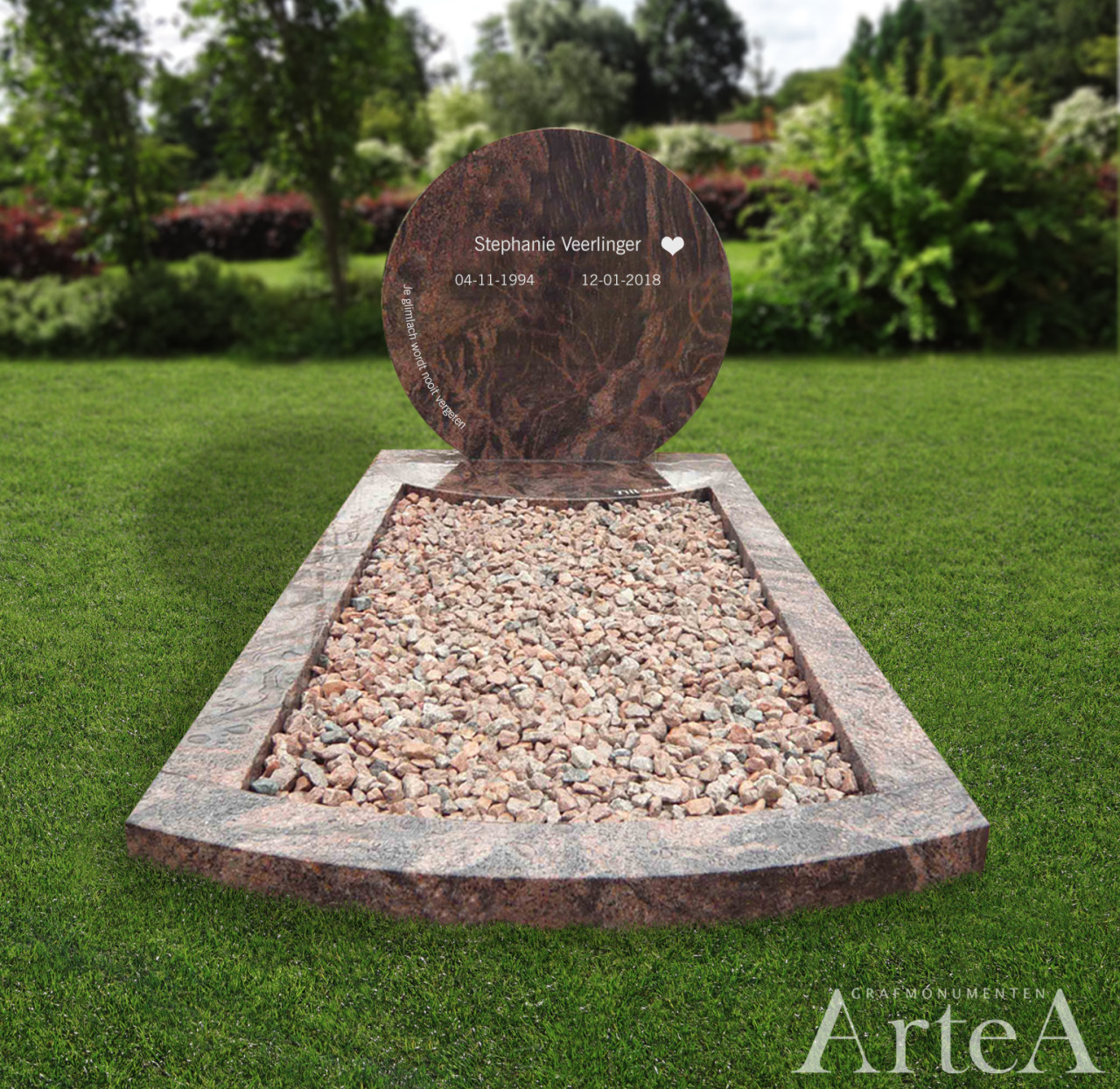 grafmonument rood met ronde steen grafsteen met grind