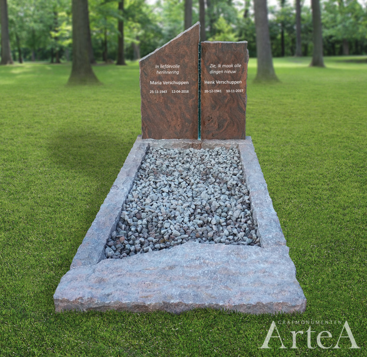 Grafsteen ruw en gezoet graniet met geknabbeld glas