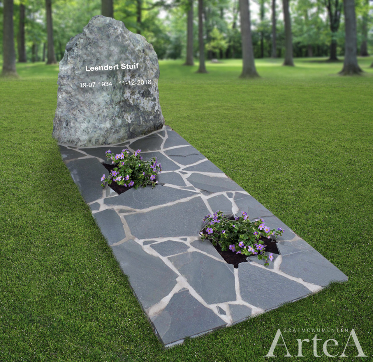 Grafmonument ruwe ros en stenen grafsteen ruw