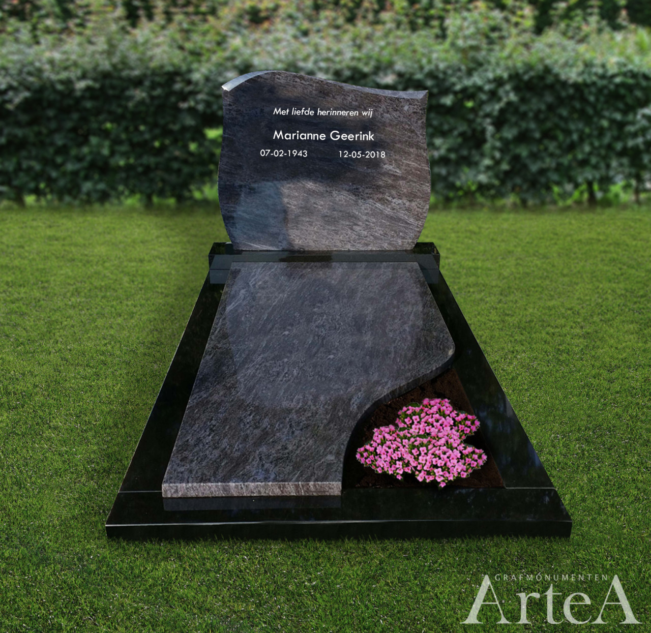 Grafmonumenten zwart met grijs grafsteen goedkoop met tuin en planten MBS 2
