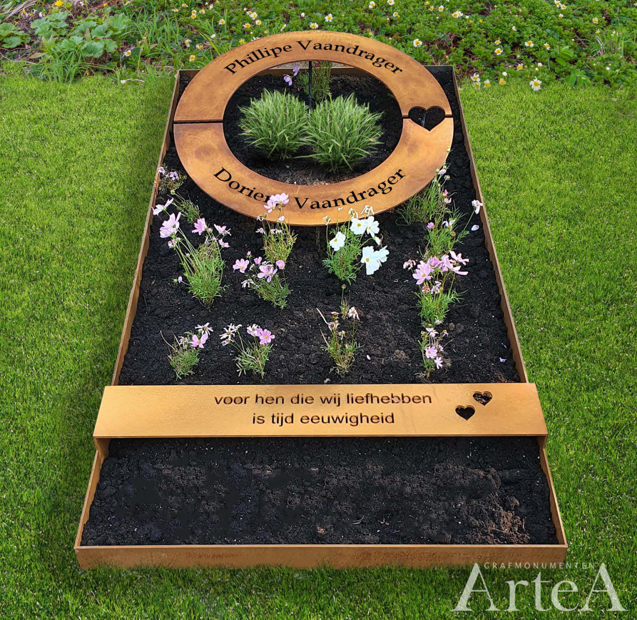 grafmonument uit cortenstaal en tekst uit staal gesneden