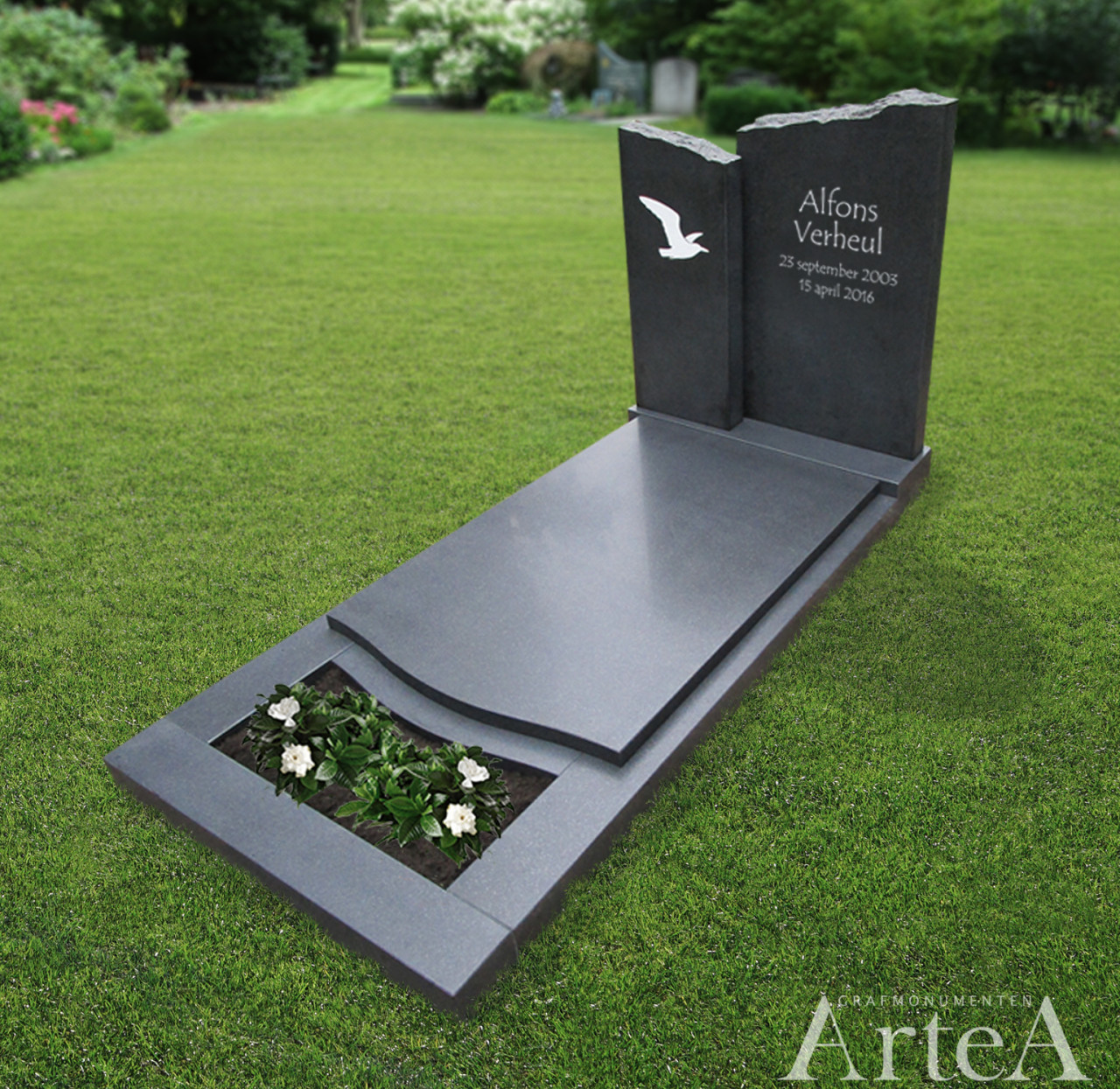 Mat zwarte grafsteen kopen met vogel