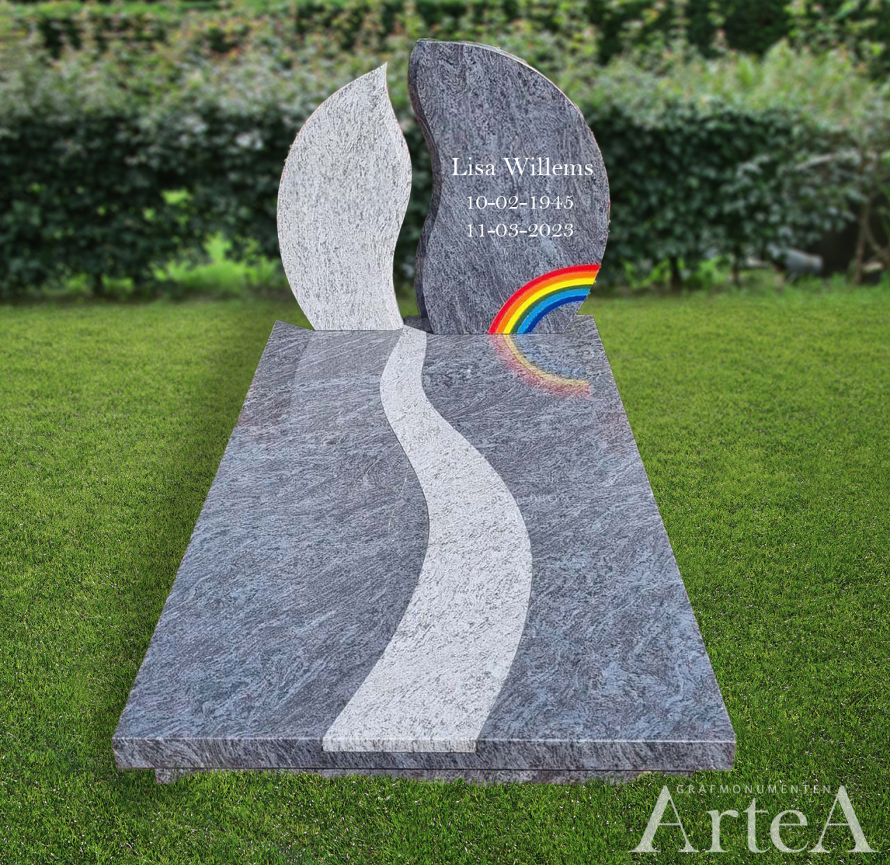 Modern grafmonument ronde vormen en regenboog