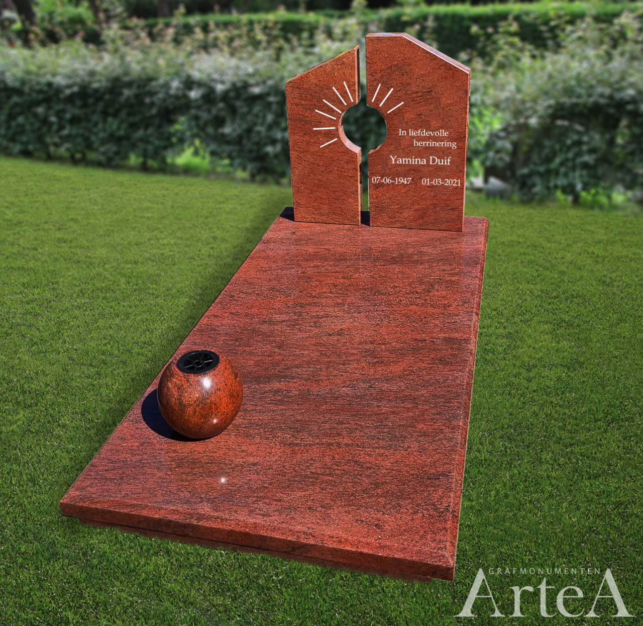 Grafsteen van rood graniet met zonnestralen