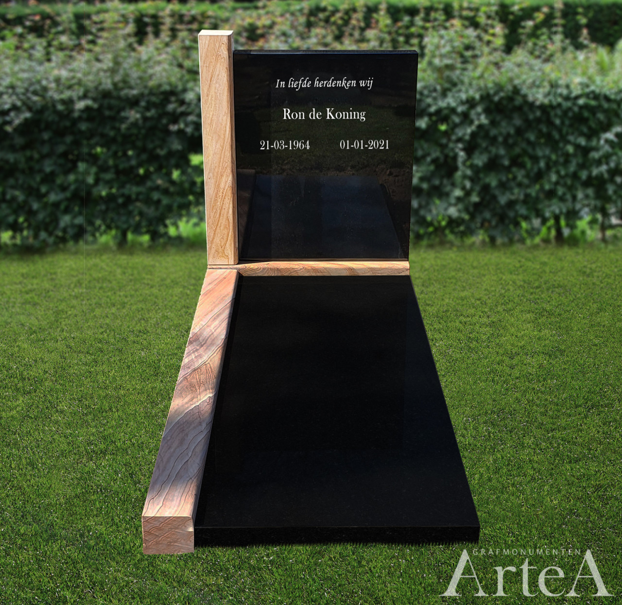 Grafsteen van zwart graniet en hout steen