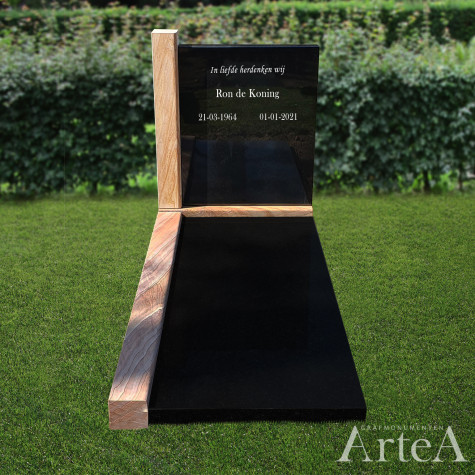 Grafsteen van zwart graniet en hout steen