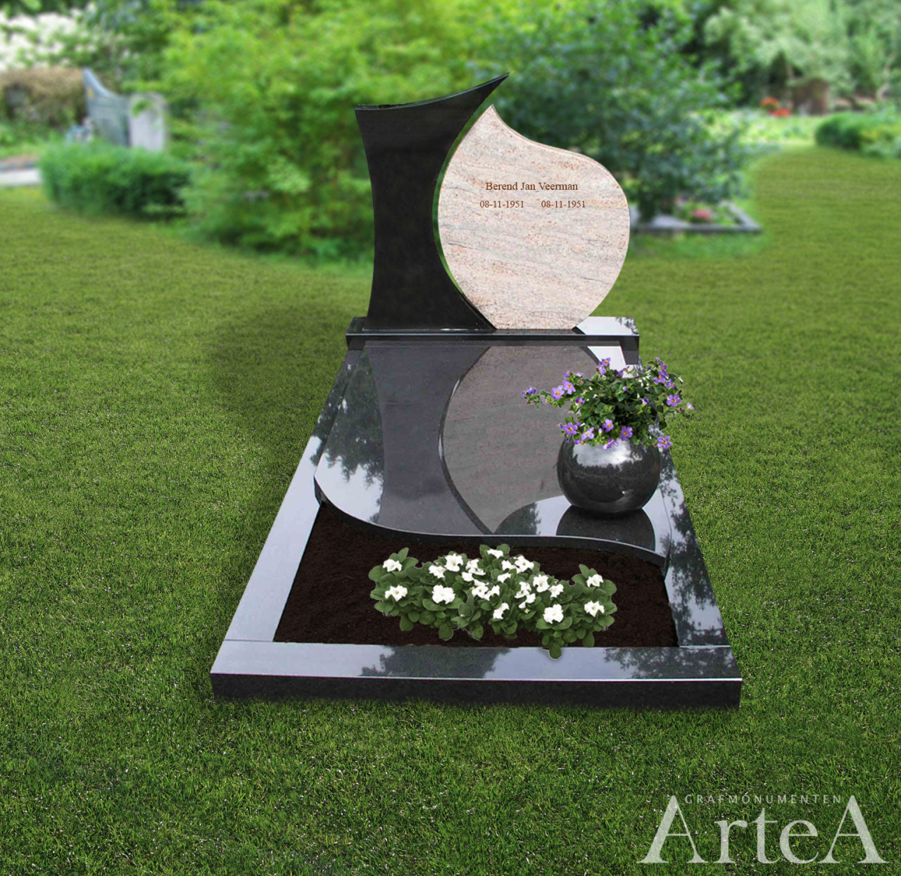 grafmonument van zwart graniet met bloem en tuin grafsteen en gedenkteken