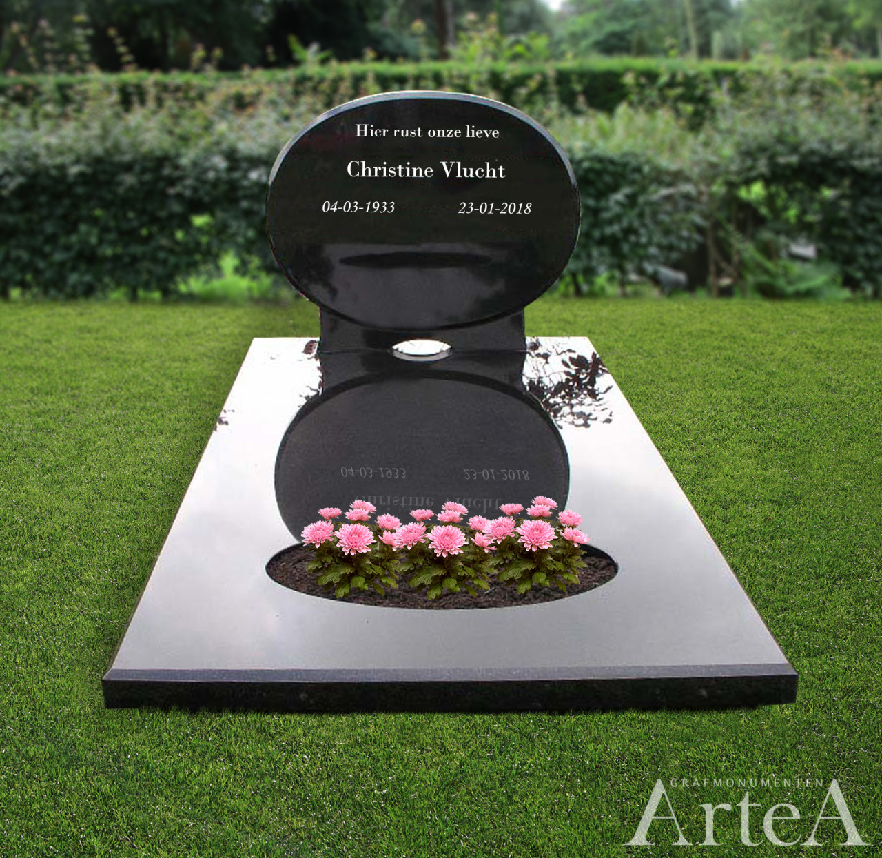 Grafsteen van zwart graniet met tuin en ronde steen basis steen traditioneel