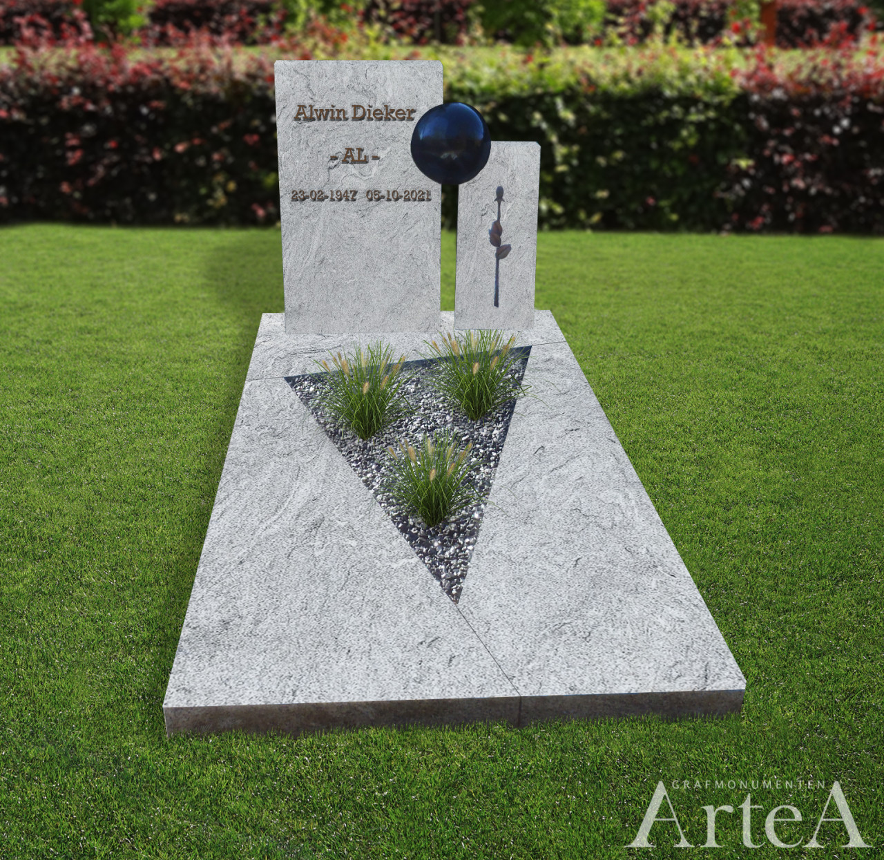 Grafsteen wit met graniet en bal en tuin