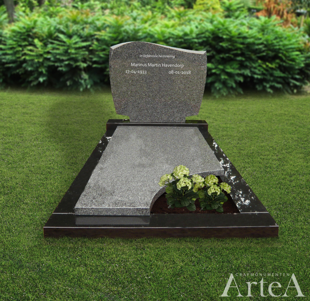 grafmonument met tuin en platen grafsteen kleur zwart met grijs bruin graniet